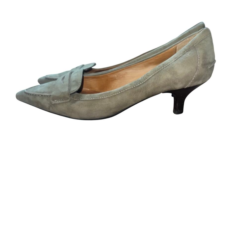 Vintage Coach Taupe Suede Size 7.5 Kitten Heel Pumps Olive Green Pointed Toe - Picture 5 of 12